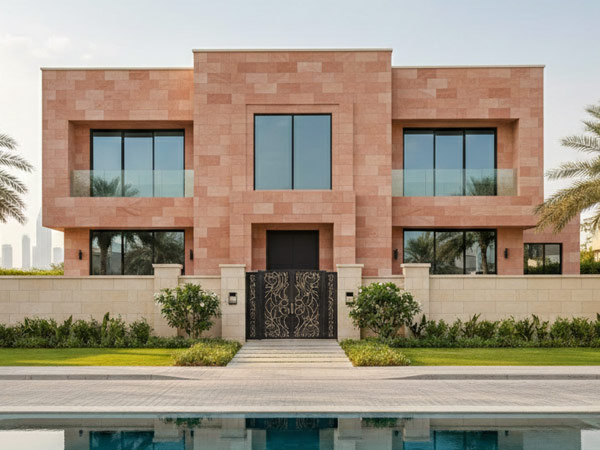 stone red limestone cladding installation in jeddah