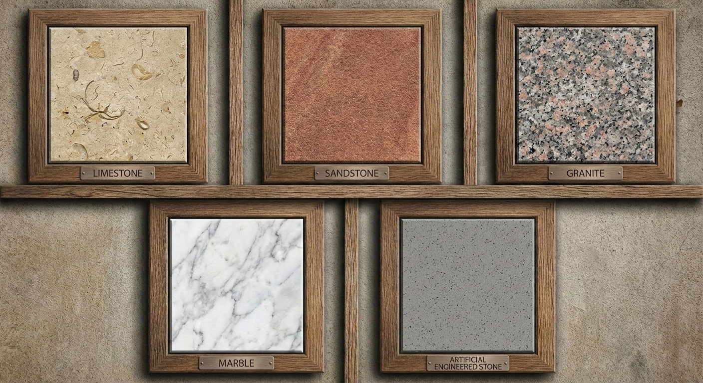 Types of Stones Used in Facades : Natural Stone: Limestone Sandstone Granite Marble Artificial / Engineered Stone